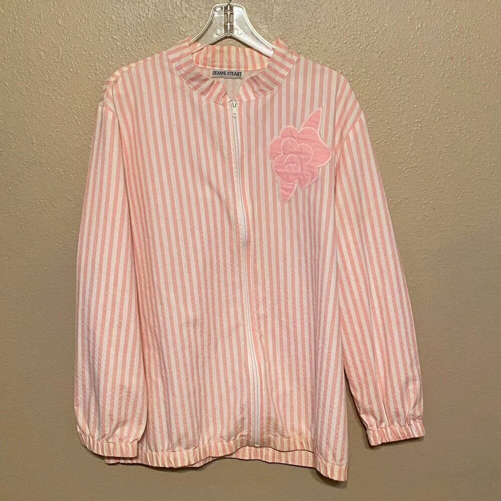 Jeanne Stuart Pink & White Striped Shirt Zipped front Rose Applique Approx (L)
